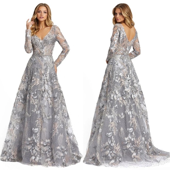 Mac Duggal 20214 Long Sleeve Beaded Appliqué Gown NWT Grey Multi - Picture 2 of 8